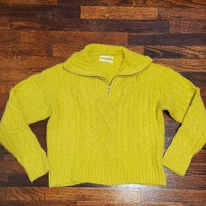 Anthropologie Lime Yellow Cropped Chunky Cable Knit Quarter Zip Sweater XS